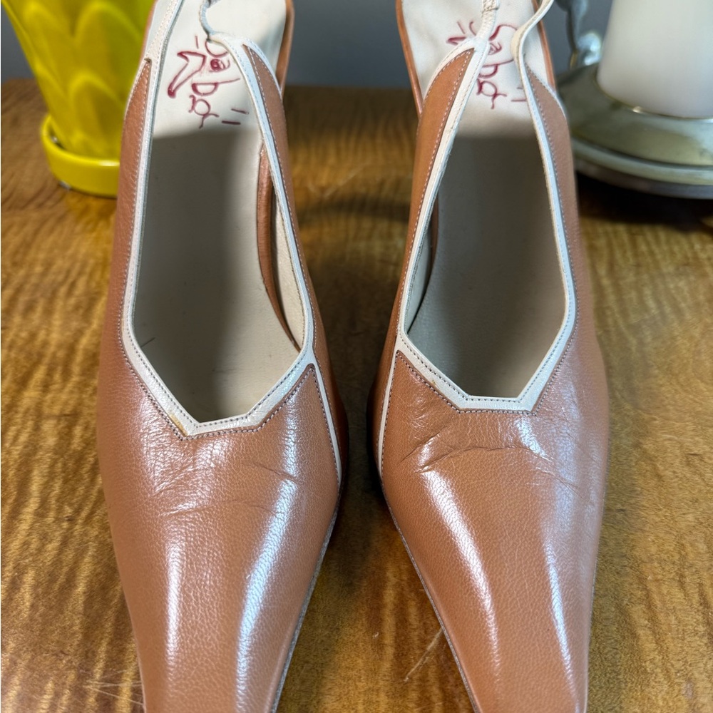 Vintage Vero Cuoio Saba Women's Sling Back Tan Leather Heels Made In Italy Sz 9